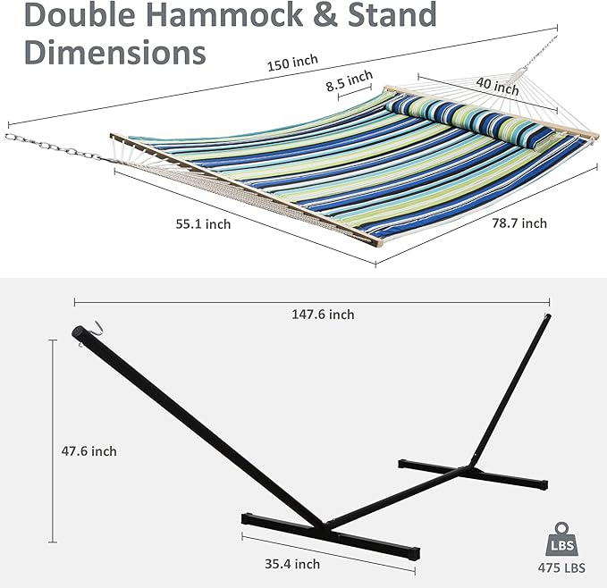 SUNCREAT Hammock with Stand 2 Person Heavy Duty Freestanding Hammock with Spreader Bar Soft Pillow Green Stripes