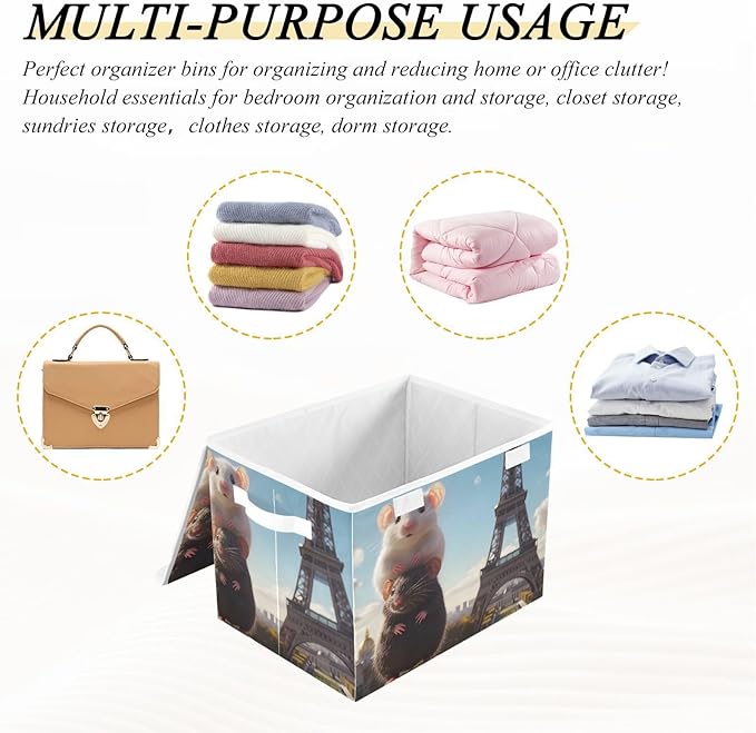Storage Cube with Lid Mouse Eiffel Print 16.5×12.6×11.8 IN Collapsible Large Capacity Foldable Storage Basket Bin Organizer