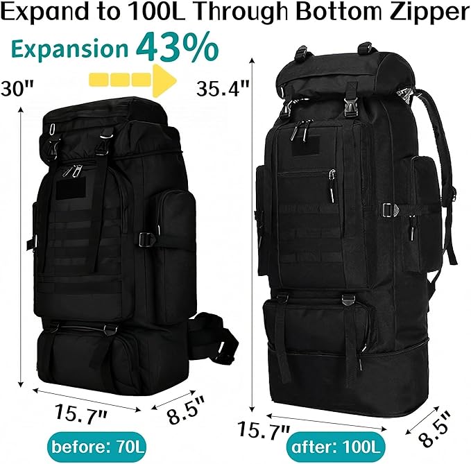 Goaste 100L Camping Hiking Backpack Molle Military Tactical Rucksack Waterproof Large Travel Daypack Adjustable Survival Hunting Sports Bag for Men and Women Hiking Camping Touring(Black)