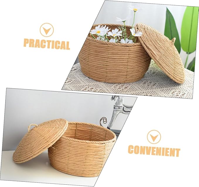 KOMBIUDA Handwoven Woven Storage Basket with Lid Small Decorative Rattan Container for Organizing Toys Pantry and Home Supplies Versatile Table Storage Solution