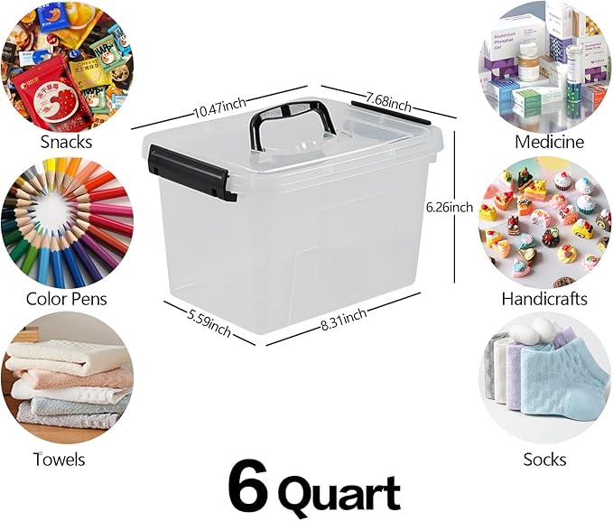 6 Quart Clear Organizer Bin with Lid Set of 4 Plastic Latching Storage Box