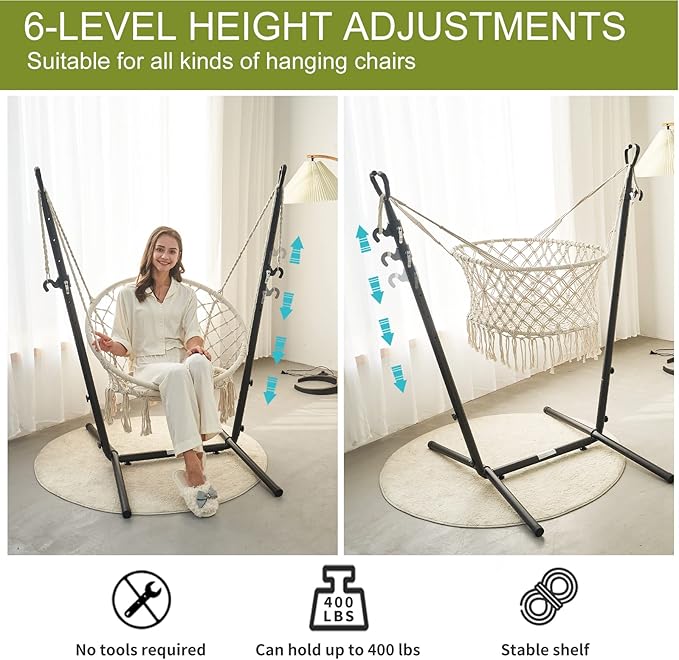 Hammock with Stand Phone Holder Included Double Hanging Chair Macrame Boho Handmade Adjustable Swing Indoor Outdoor Patio Yard Garden Porch 400lbs Capacity (2022 White)