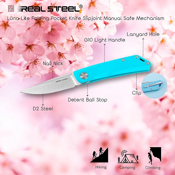 REALSTEEL Luna Lite Folding KnifePocket KnivesSlipjointNail Nick2.8 D2 BladeG10 Handle1.9ozEDC Indoor OutdoorCampingHikingDaily UseGift for Men Women(Blue G10)