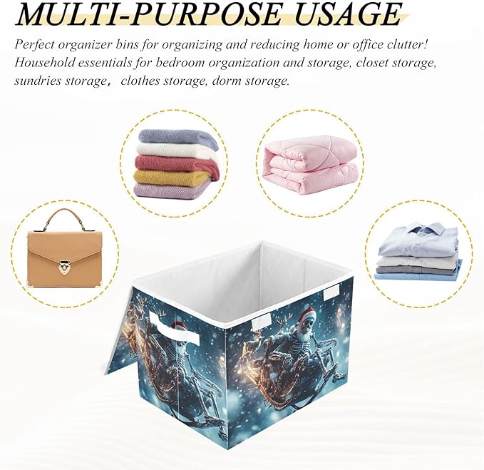 Storage Cube with Lid Skeleton Christmas Santa Print 16.5×12.6×11.8 IN Collapsible Large Capacity Foldable Storage Basket Bin Organizer