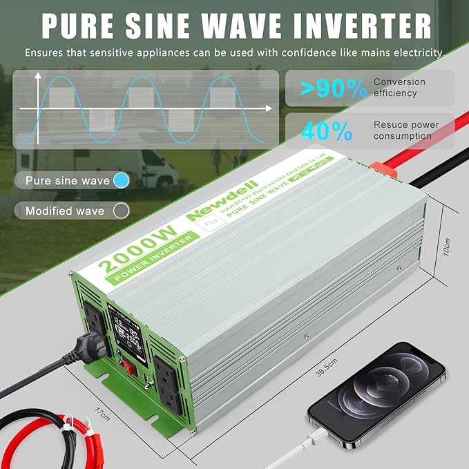 Newdeli 2000 Watt Power Inverter 12V DC to 110V 120V AC Pure Sine Wave Inverter with LCD Display Remote Controller 4 AC Outlets and 5V 3.4A USB Port for Vehicles Car Truck RV Solar System Camping