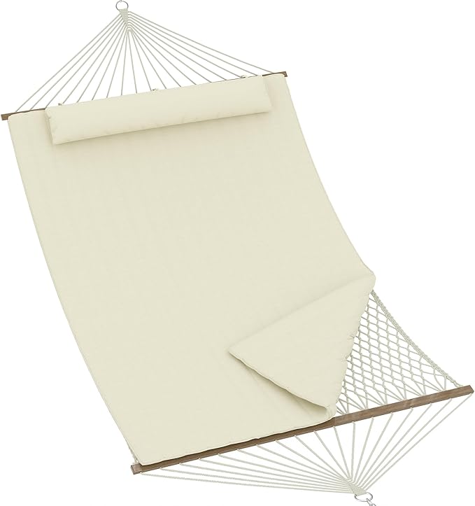 2 Person 12FT Hammocks for Outside Double Quilted Fabric Outdoor Hammock with Spreader Bar Large Removable Pillow Storage Pockets Carabiners Max 450 Lbs Capacity