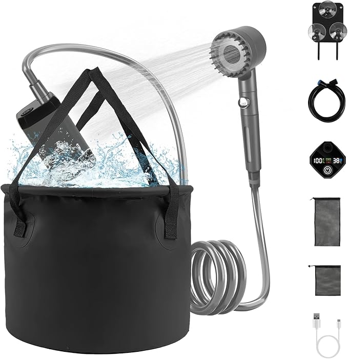 Portable Shower for Camping 6000mAh Rechargeable Shower Pump LED Display Filtered Shower Head with 4 Spray Modes IPX7 Waterproof 20L Foldable Bucket for Beach Travel Hiking Car Pet Outdoor