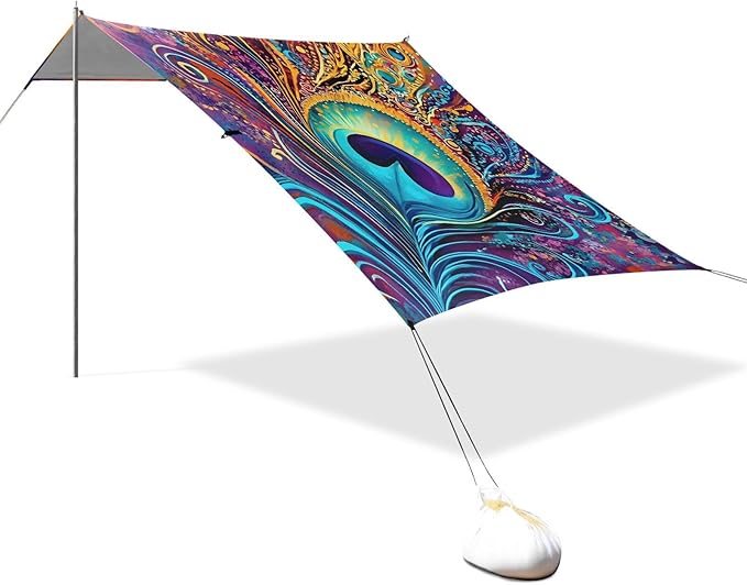 ALAZA Colorful Peacock Feather Art Beach Tent Sun Shelter UPF50+ Protection Beach Shade Canopy w/ 4 Sandbags for Outdoor Camping Fishing Backyard Fun Picnic 10x9 ft