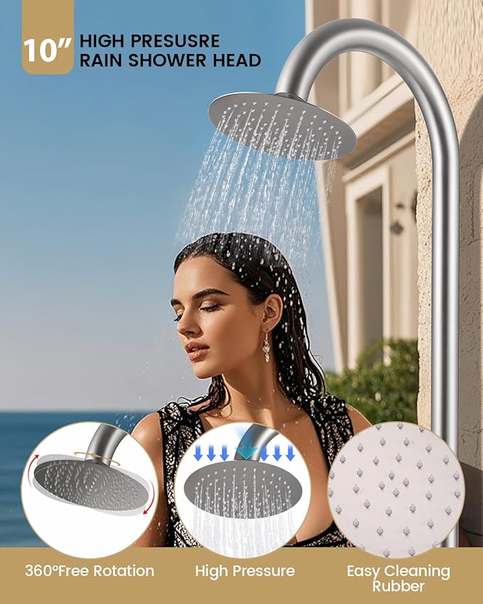 316 Marine Grade Stainless Steel Free Standing Outdoor Shower with Foot Wash 3-Function Nickel Shower Kit with 10''Rain Shower HeadOutdoor Shower Fixture for Backyard Beach Poolside