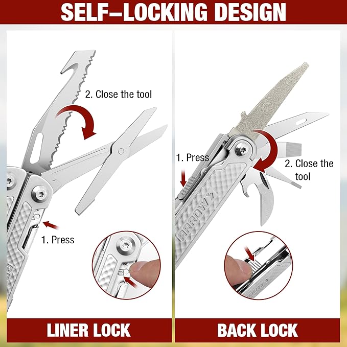ARROW 20-In-1 Multi Tool Pliers Stainless Steel EDC Multitool with Pocket Knife Sheath and Pocket Clip Safety Locks Multi-Use Tool for Outdoor Camping Hiking