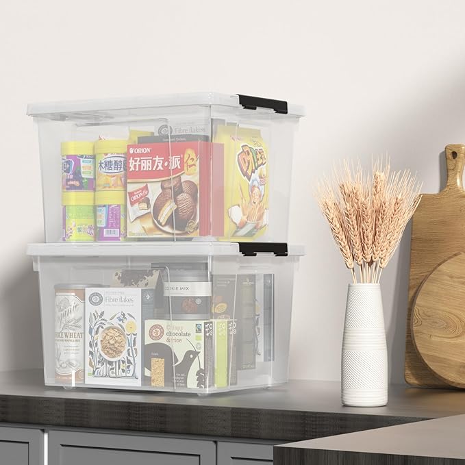 Morcte 23 L Plastic Clear Storage Bin with Lids and Latching Buckles 4-Pack Stackable Clear Storage Box with Wheels