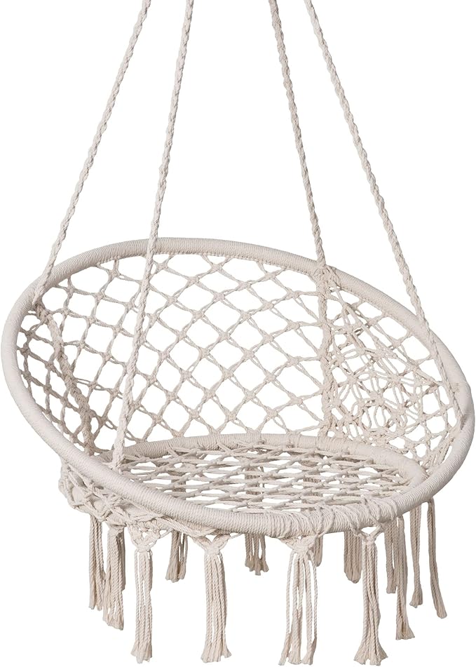 SUNCREAT Hammock Chair Macrame Swing with Side Pocket Hanging Cotton Rope Hammock Swing Chair for Indoor and Outdoor Use 330 lbs Capacity Beige