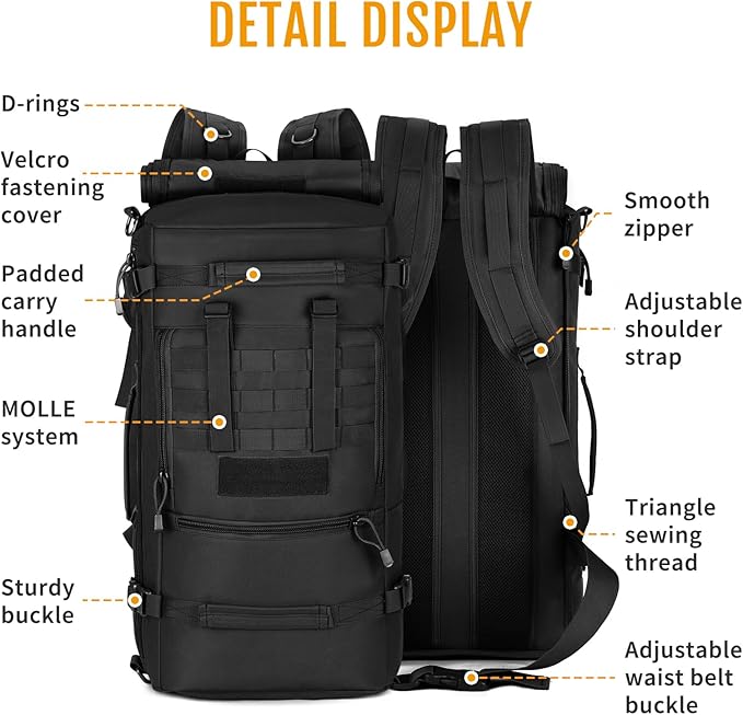 HUNTVP 50L 3 Way Tactical Backpack Military MOLLE Assault Backpack Modular WR Bag