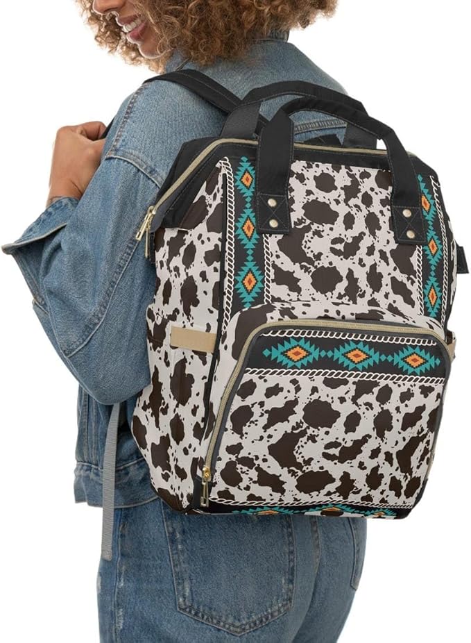 Cowhide Aztec Diaper Backpack/Cow Print Travel bag/Southwestern Shoulder bag/Cowgirl Bag/Aztec Western Longhorn Bookbag/Western Carry On