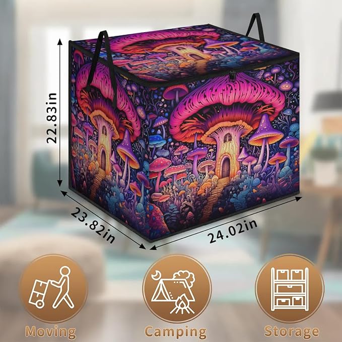 Large Retro Mushroom Storage Bags with Lid XL Blanket Clothes Storage Bins Foldable Organizers Storage Containers with Handle for Comforters Bed Sheets Pillows Fairy Forest Flowers Plants