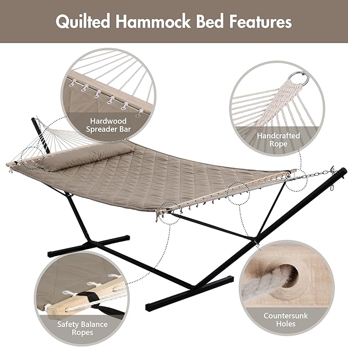 ANOW 2 Person Hammock with 12FT Stand Heavy Duty Hammock with Stand for Outdoors 450 LBS Weight Capacity Light Brown
