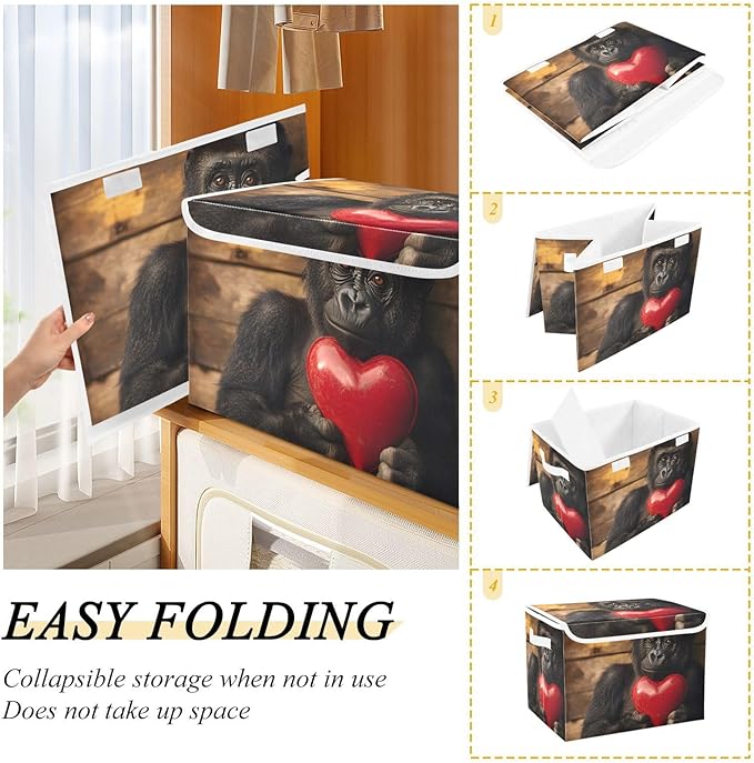 AIXIWAWA Lidded Storage Cube (Gorilla with Heart) Fabric Foldable Closet Bins with Flip Lid and Handles Organizer Basket Container 16.5 x 12.6 x 11.8 IN