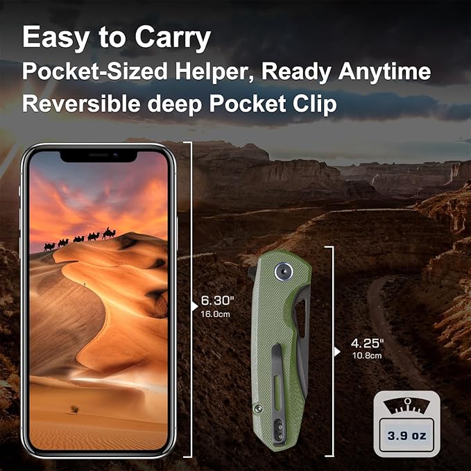 REMETTE RT-CAMEL Folding Pocket Knife Button Liner Lock - 3.1 D2 Steel Blade Green G10 Handle EDC Knife with Reversible Pocket Clip Sharp Knife for Hiking Camping Men &amp Women - RTG1