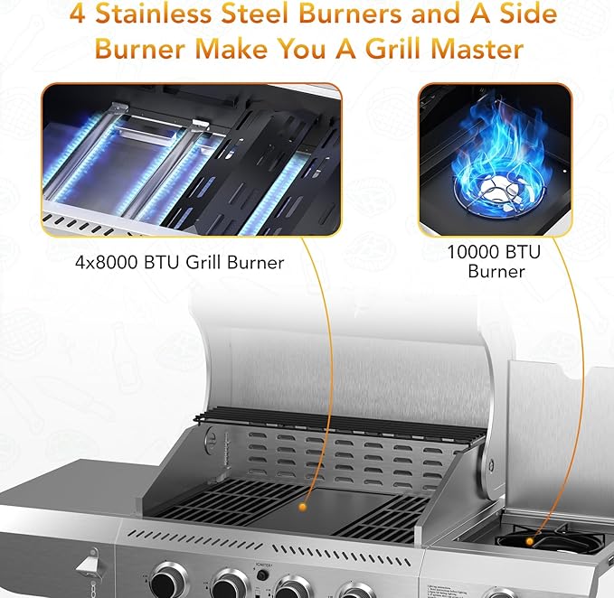 Electactic G41 Pro BBQ GrillHeavy-Duty Stainless Steel Gas Grill 4 Burner Gas Grill with Side Burner42000 BTU Propane Grill for Outdoor CookingBarbecueGarden and Patio Backyard