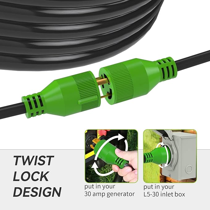 RVMATE 3 Prong 30 Amp Generator Extension Cord 20 Feet NEMA L5-30P/L5-30R 125V SJTW Jacket