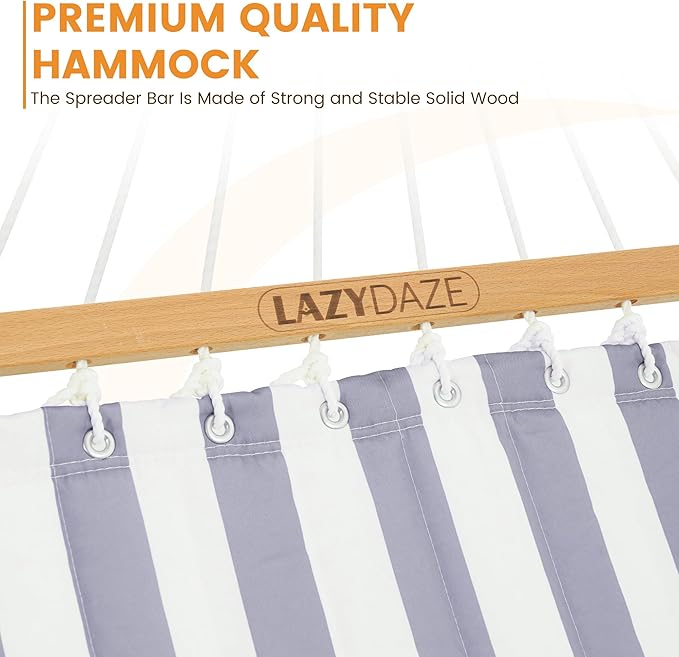 Lazy Daze Hammocks 12FT Quilted Fabric Double Hammock with Spreader Bars and Detachable Pillow 2 Person 450 lbs Capacity Gray White