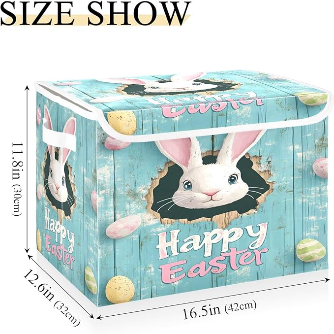 Happy Easter Pattern Foldable Storage Baskets Fabric Boxes with Handle Organizers with Flip-Top Lids Storage Bins for Home Bedroom Office