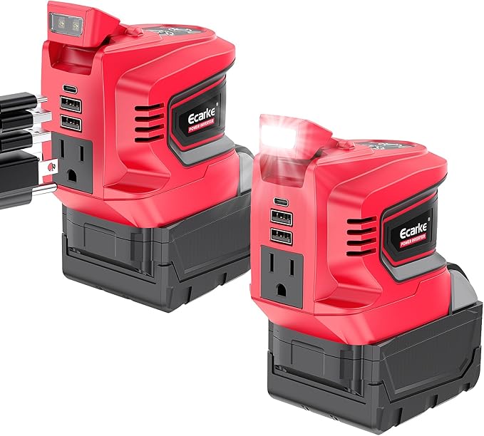 2PCS 200W Power Inverter Compatible with Milwaukee 18V Battery Real 200W DC 18V to AC 110V Battery Inverter Portable Power Station Generator Charger Adapter Powered Outlet 2USB Ports&ampType-C&amp
