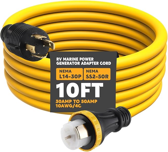 10FT NEMA L14-30P to SS2-50R RV Marine Power Generator Adapter Cord 30A 4 Prong Locking Generator L14-30P Male to 50A Marine Shore Power SS2-50R Female with Locking Ring 125V/250V