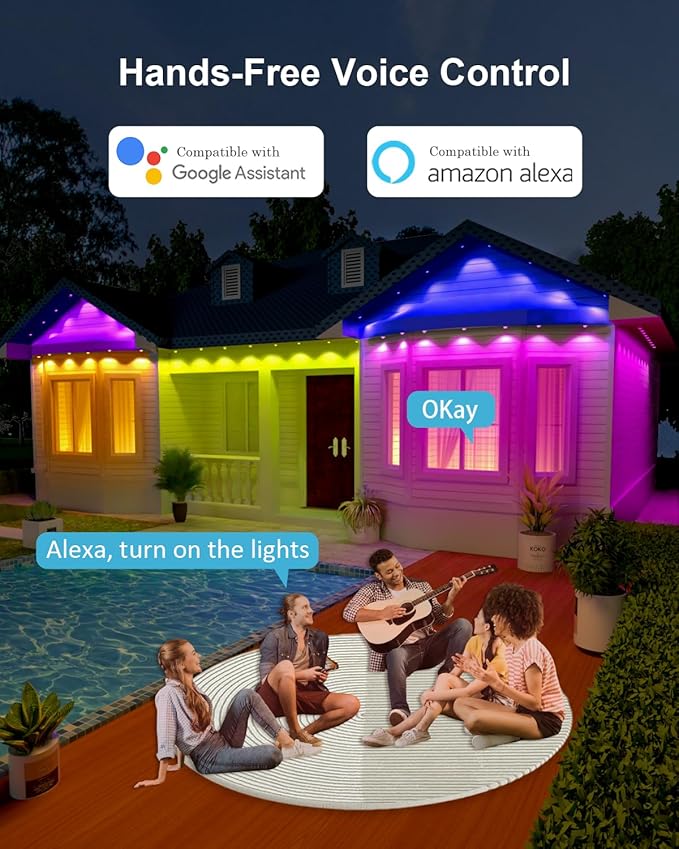 Permanent Outdoor Light Pro 100ft with 72 RGB+IC LED Lights 90 Scene Modes AI Light Design IP67 Waterproof for Halloween Christmas Decor and Daily Lighting Work with Alexa Google