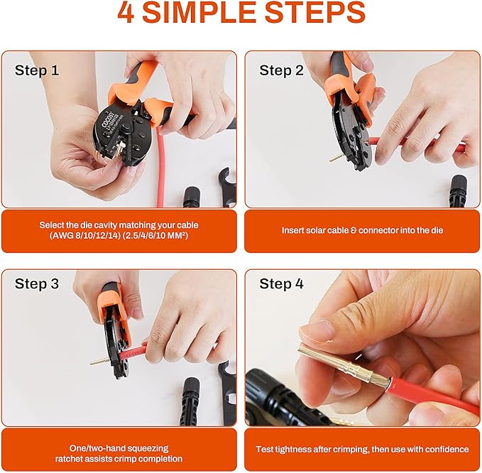 Solar Crimping AWG 8-14 Compatible with Solar Connectors Solar Crimper Ideal for AWG8 AWG10/12/14 (2.5-10mm²) Wires - Precise Solar Ratcheting Crimper for PV Systems