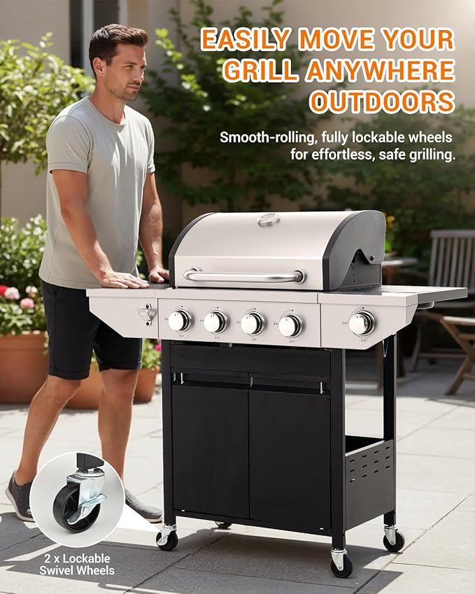 EUHOME 4-Burner Propane Gas BBQ Grill with Side Burner 46500 BTU Output Stainless Steel Barbecue Grill with Enameled Cast Iron Grates and Side Tables for Outdoor Cooking Kitchen and Patio Backyard
