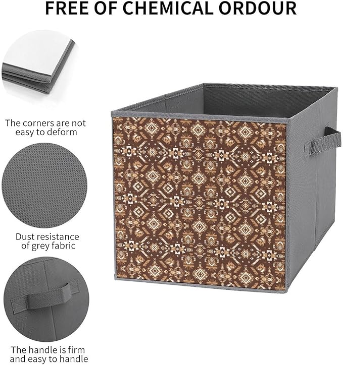 Space-Saving Fabric Storage Cubes Aztec Native American Southwestern Boho Brown Collapsible Baskets with Handles Stylish Storage Solution for Home