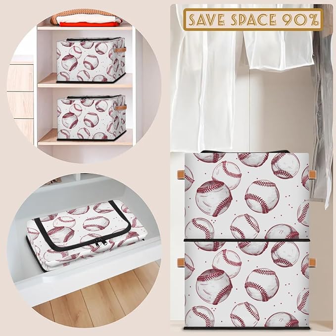 Sport Baseball Storage Bins with Zipper Lid Collapsible Fabric Storage Basket with Leather Handles Closet Shelf Cloth Organizer Basket for Nursery Bedroom Clothes Toy