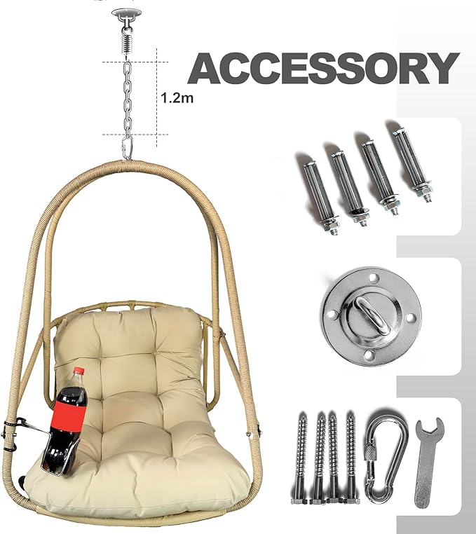 Patio Swing Egg Chair Rattan Hammock Chair Hanging Swing Basket with 47.24 Chain Water-Resistant Cushion Cup Holder for Indoor Outdoor Backyard Garden Beige &amp Brown