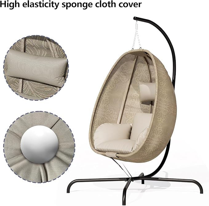 ALAULM Foldable Egg Chair with Stand 485LBS Capacity Textilene Hammock Swing Chair for Outdoor &amp Indoor Patio Hanging Chair with Strong Frame &amp UV Resistant Cushion for Balcony Bedroom Cre
