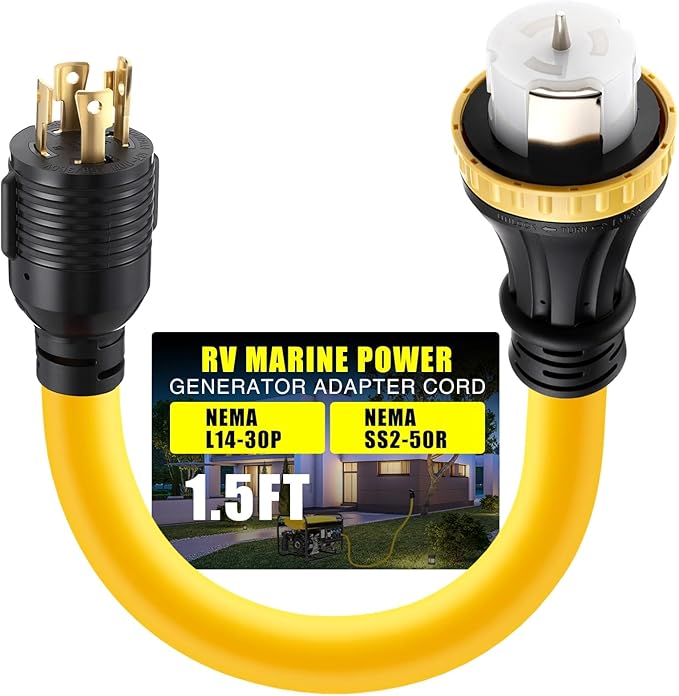 NEMA L14-30P to SS2-50R RV Marine Power Generator Adapter Cord 30A 4 Prong Locking Generator L14-30P Male to 50A Marine Shore Power SS2-50R Female with Locking Ring 125V/250V (1.5ft)