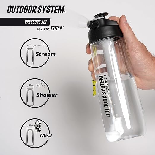 Outdoor System Pressure Jet Spray Bottle 700ml 24oz Portable Personal Water Bottle Spray Mister w/Jet Shower or Mist Settings Hand Body Wash Camp Shower Face Mister Beach Gym Camping Boating