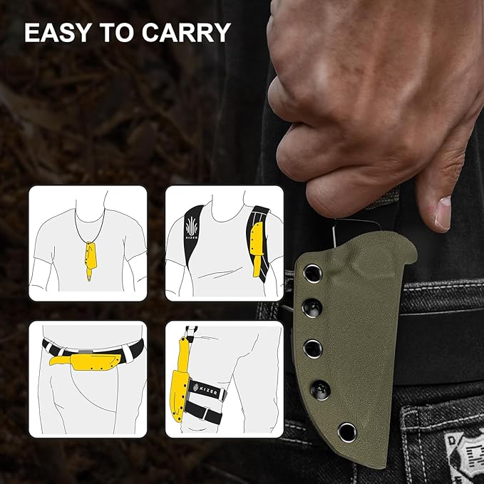 Kizer Beaver 2 Fixed Blade Knife 2.75 D2 Clip Point Blade EDC Hunting Knife with Green Micarta Handle Outdoor Camping Survival Knives with Kydex Sheath Small Neck Knives 1078M3