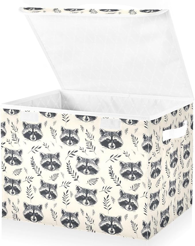 MNSRUU Containers Baskets with Lids Animal Raccoon Head Foldable Storage Bins Organizer with Lid Collapsible Storage Boxes for Home Bedroom Closet Office