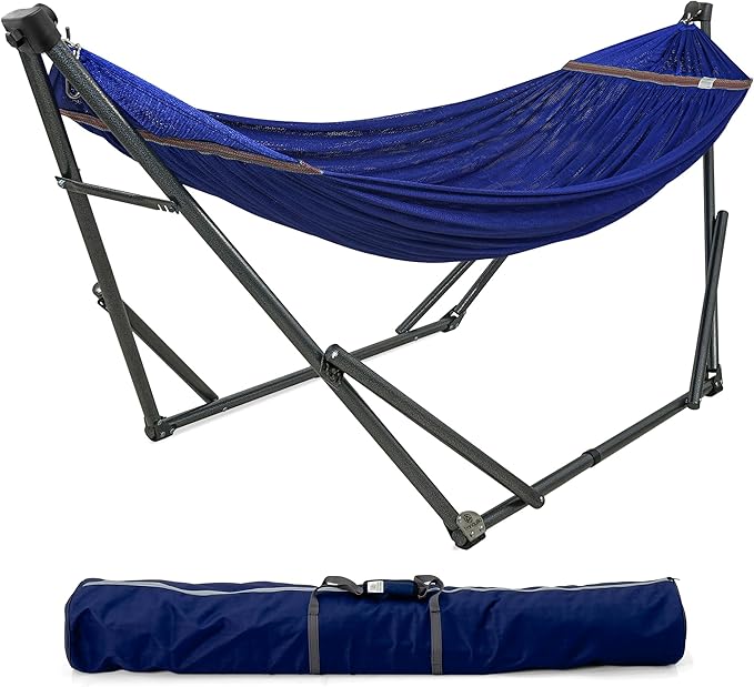 Tranquillo Camping Hammock and Stand Collapsible Camping Hammock with Stand 600 lbs Capacity Foldable Hammock for 2 Persons Premium Noiseless No Screws Heavy Duty Multifunctional Stand Blue