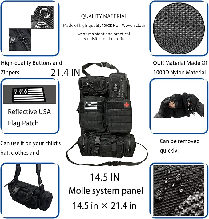 6 Pack Tactical Molle Car Seat Back Organizer Tactical Vehicle Panel with 5 Detachable Molle Pouch for Car Truck Ford Jeep VehicleUS Patch Automotive Organizer For Man (5 Pouches)