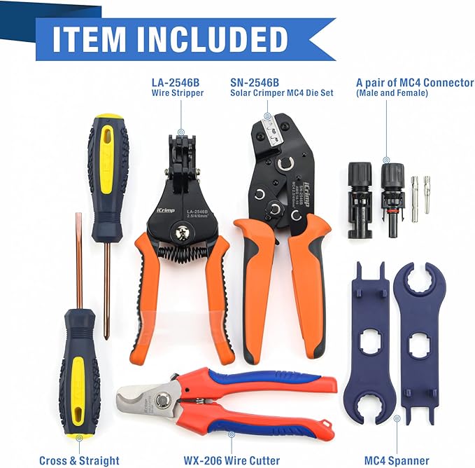 iCrimp Solar PV Cable Crimping Tool Kit for 2.5/4/6mm² with StripperCutter Solar Spanner and solar Connectors