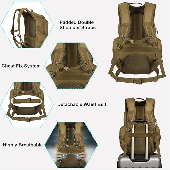 Tactical Travel Backpack Large Military Tactical Assault Pack 3 Day Heavy Duty Camping Rucksack 45L Hiking Bags (Black)