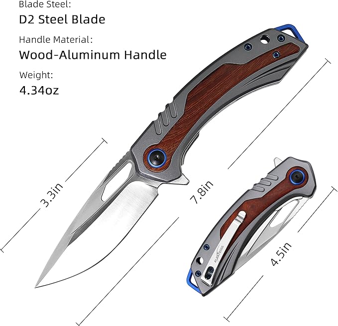 Artistic Valentine‘s Gift Colorful Wood Handle Folding Knife 3.3” Satin D2 Blade Silver Aluminum Flipper Ergonomic Gift Case