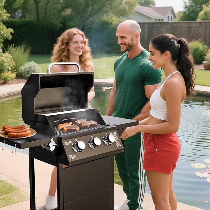 3 Burner Propane Gas Grill 30000 BTU Propane Grill with Two Side Tables Stainless Steel Barbecue Grill Outdoor Cooking BBQ for Patio Camping Backyard