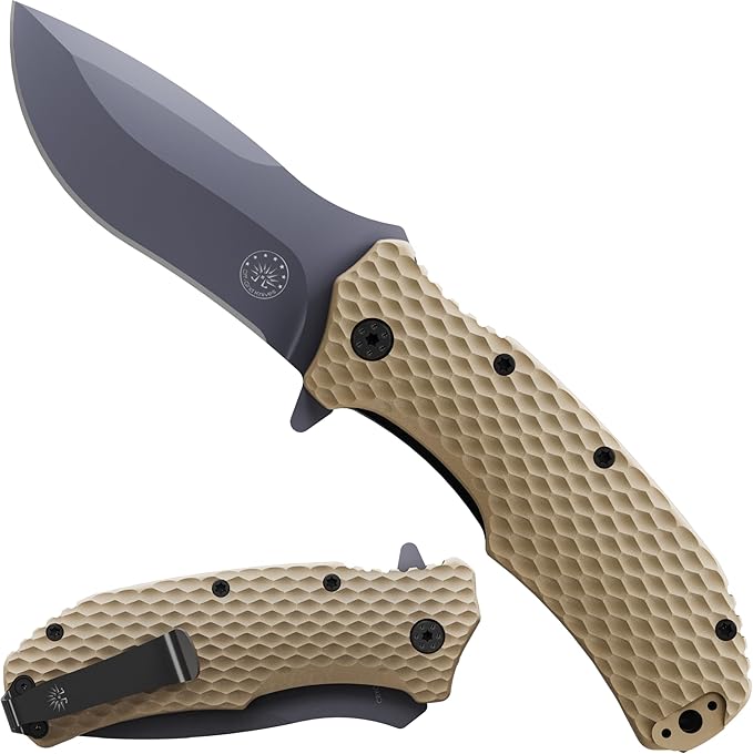 Off-Grid Knives - Rapid Fire Coyote Large Assisted EDC Hard Use Construction Camping and Survival Cryogenic D2 Blade Steel Titanium Nitride Coating with G10 Scales Deep Pocket Carry
