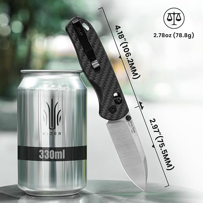 Kizer Drop Bear EDC Pocket Knife 2.97” Nitro-V Steel Blade G10 Carbon Fiber Handle Folding Knife with Thumb Stud Opener Lightweight Clutch Lock Camping Hunting Knife for Men Women Gift V3619A3