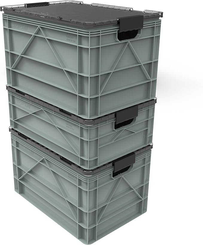 SIDIO CRATE Starter Pack - Two Full Size and One Half Size Heavy Duty Stackable Storage Bins Totes with Lids and Dividers - Durable Organizer for Home Office Garage and Outdoor Use - Aircraft