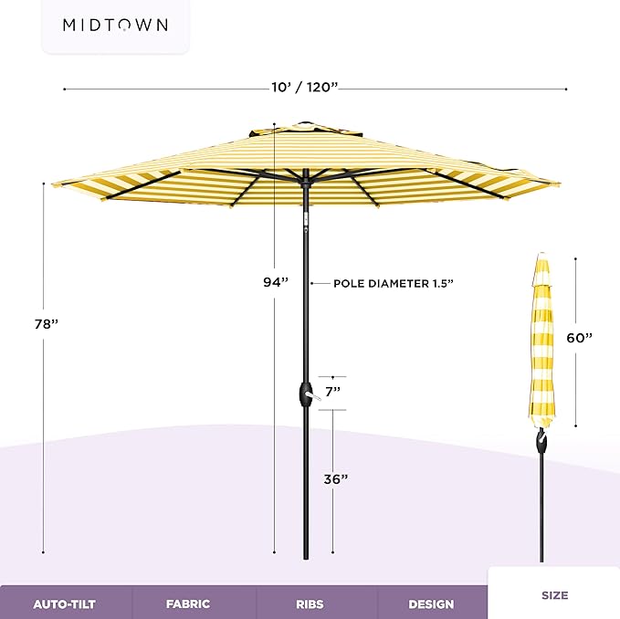 Midtown Umbrellas - 10-Year-No-Fade 10 Ft Patio Umbrella with Terylast Fabric Auto-Tilt Aluminum Frame and 8 Reinforced Ribs for Deck Pool Garden &amp Beach - White/Yellow Stripes Canopy Black Po