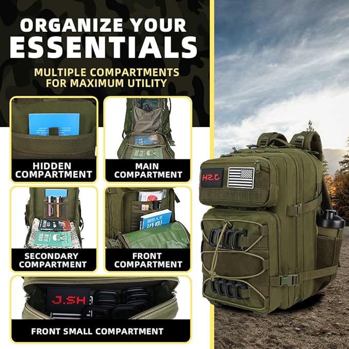 J.SH Large Military Tactical Backpack for Men EDC MOLLE Backpack 900D Oxford Nylon 3-Day Assault Rucking Pack Heavy-Duty Tactical Gear for Outdoor HikingRugged Survival&ampBug Out Bag-45L Army G